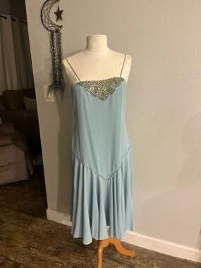 Vintage Norman Berg Beaded Powder Blue Drop-Waist Flapper Style Cocktail Dress